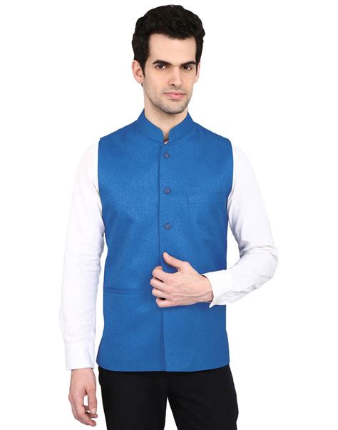 Indian Attire Designer Ethnic Blue Solid Blended Jute Koti Waistcoat