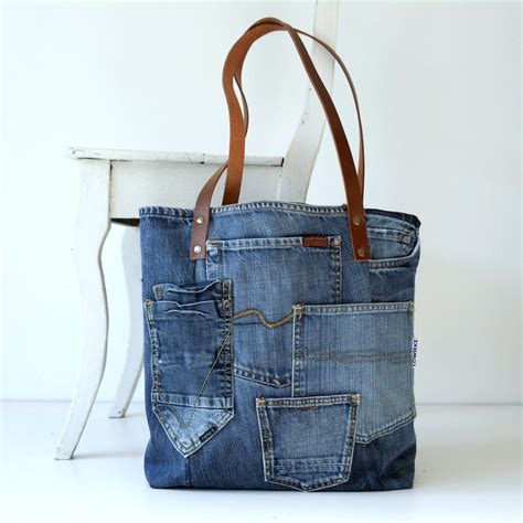 denim canvas tote bag  lots  pockets jeans bag etsy denim tote bags recycled jeans