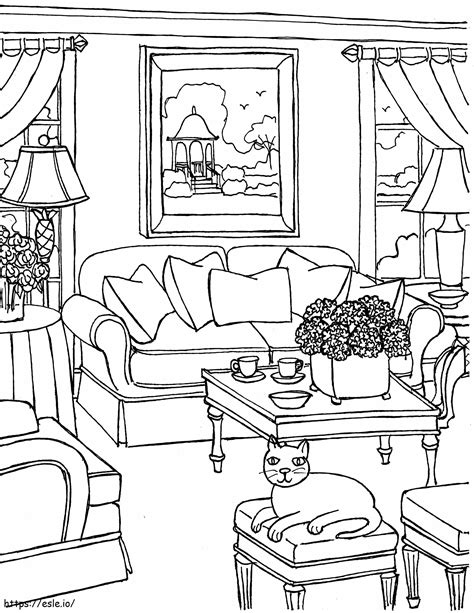 cat in the living room scaled coloring page