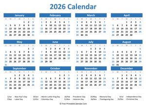 yearly calendar  notes horizontal layout