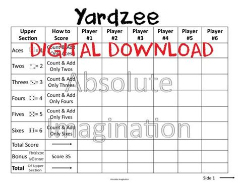 printable large print yardzee score card  absoluteimagination