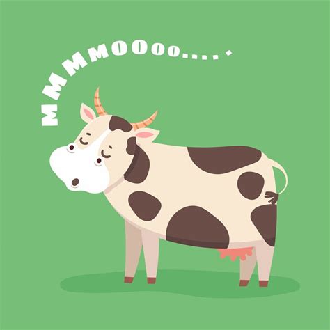 Cartoon Cow Happy Farm Cattle On Grass Field Cute Cow Goes Moo Milk