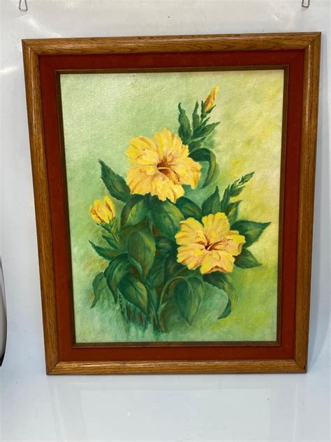 Vintage Retro Amateur Unsigned Flower Yellow Hibiscus Painting Framed