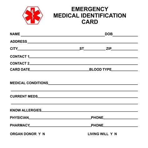 printable emergency medical identification card ad  care