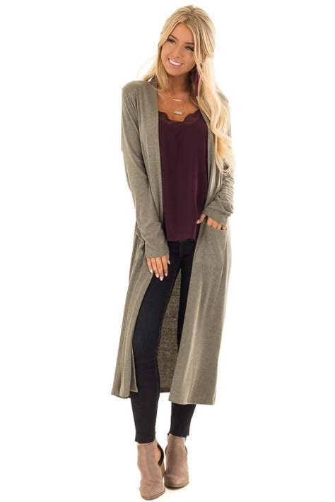 Olive Ribbed Knit Long Sleeve Cardigan With Pockets Front