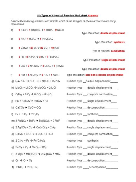 types  chemical reaction worksheet practice answers reactions