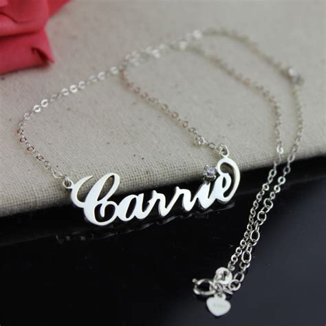personalized silver carrie style name necklace with one birthstone