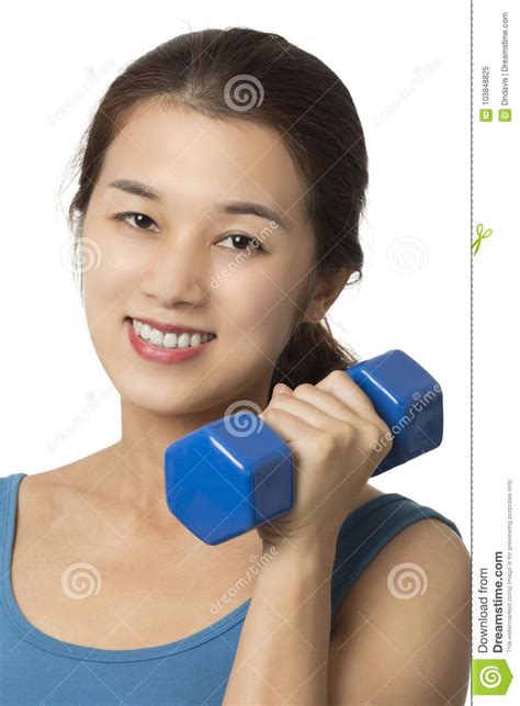 Asian Woman Working Out Using Dumbbell Weights Isolated On
