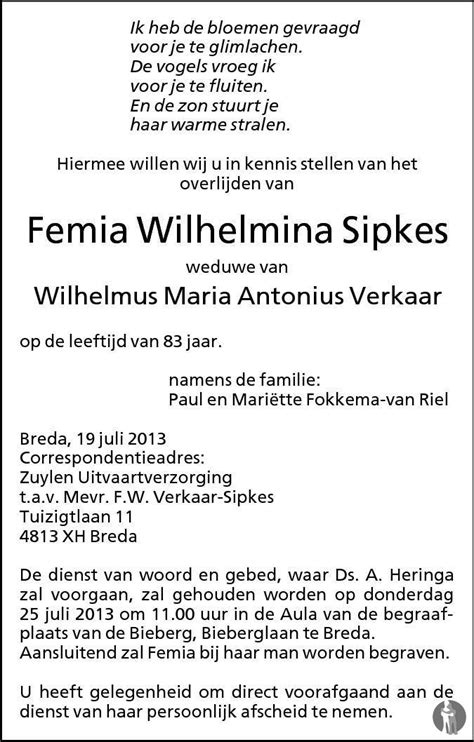 femia wilhelmina verkaar sipkes    overlijdensbericht en condoleances mensenlinqnl