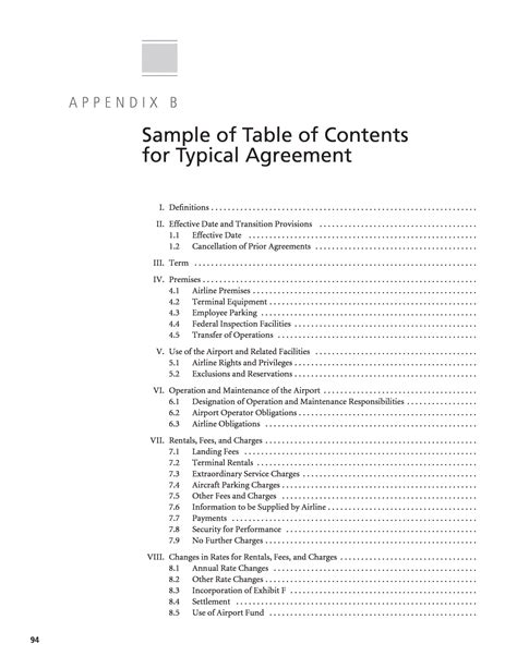 appendix  sample  table  contents  typical agreement