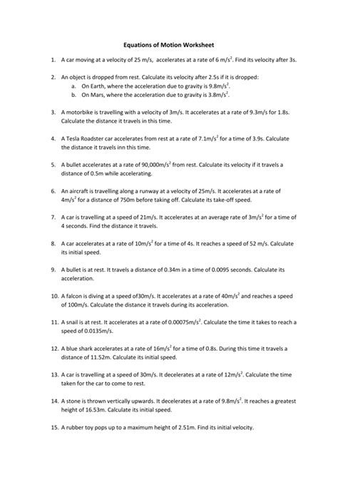 equations  motion worksheet