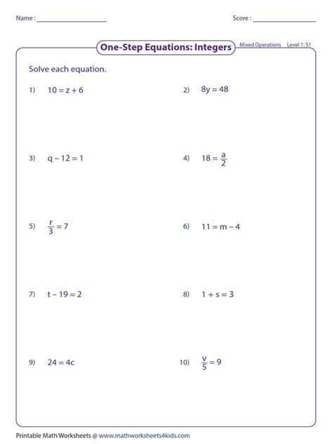 solving  step equations worksheet