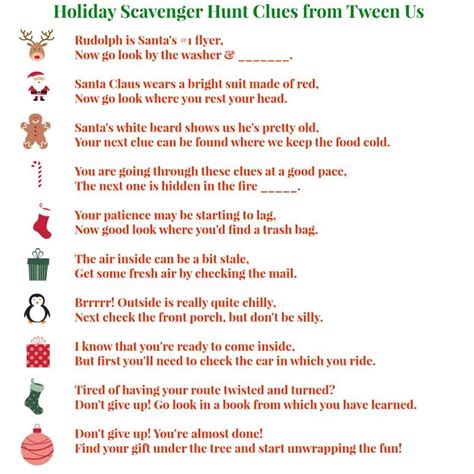 holiday scavenger hunt clues  tweens christmas morning