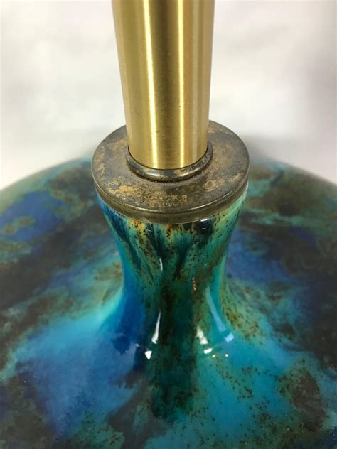 1960s Turquoise Blue Lava Drip Glazed Ceramic Table Lamp On Walnut Base