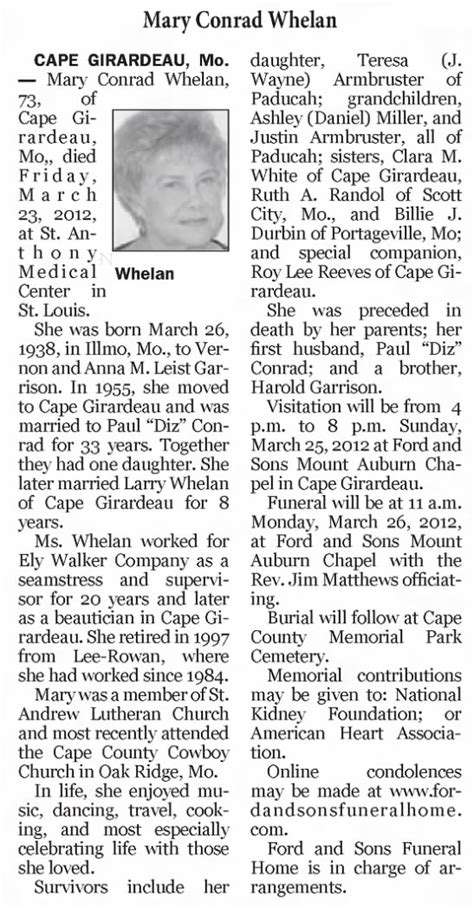 obituary  mary conrad whelan newspaperscom