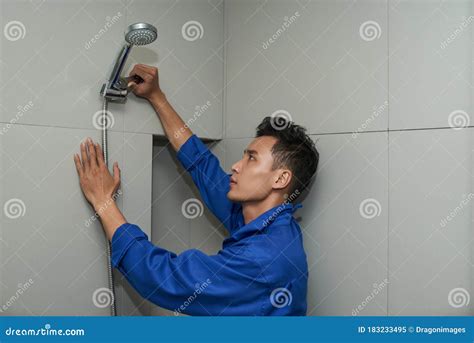 Plumber Installing Shower Head Stock Image Image Of Asian Fixing