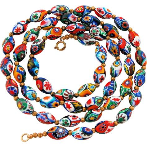 Millefiori Murano Bead Necklace 50 Venetian Glass Oval Beads 31