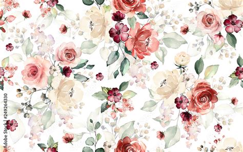 seamless pattern  flowers  leaves hand drawn background floral