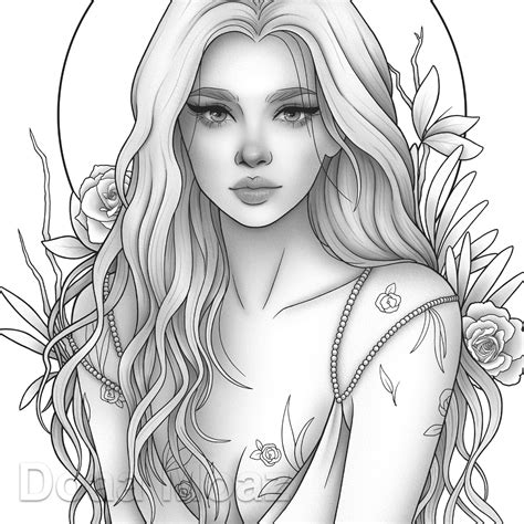 printable coloring page fantasy floral girl portrait