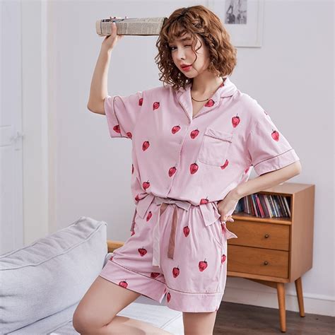 Pink Pajamas Girls Women Turn Down Collar 2018 Print Strawberry 2