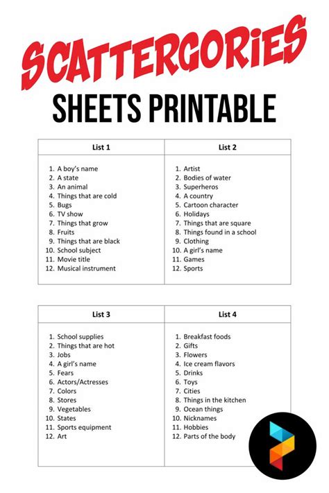 scattergories sheets printable  shown  black  white  red