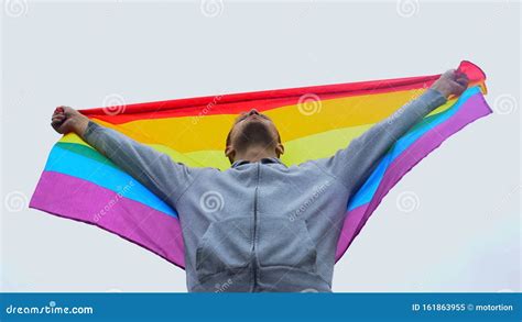 Man Raises Rainbow Flag March For Lgbt Right Solidarity With Same Sex