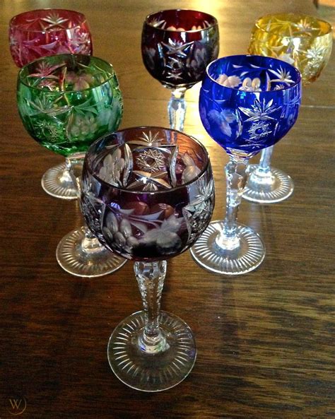 6 vintage 1968 cut crystal colored german cordial liqueur wine glasses