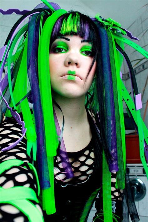 cyber girl cute cyberlox dyed hair green blue purple makeup cybergoth cyberpop cyberpunk neon