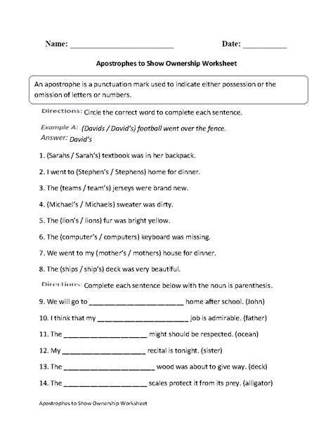 apostrophe  show ownership worksheet grammar worksheets worksheets