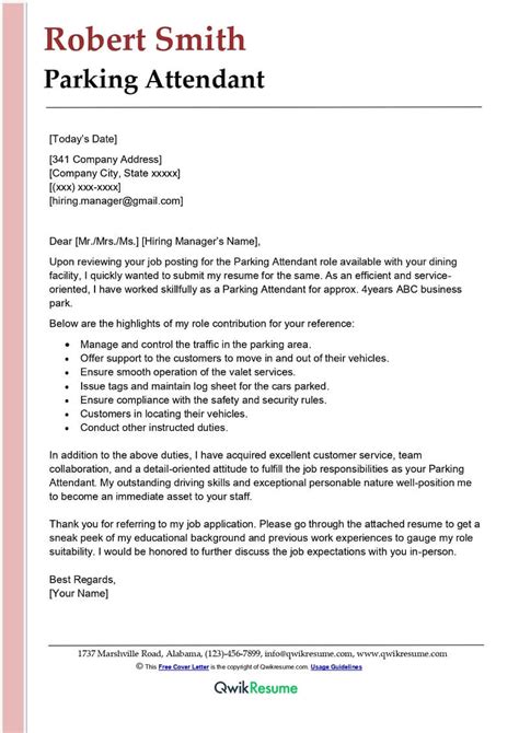 parking attendant cover letter examples qwikresume