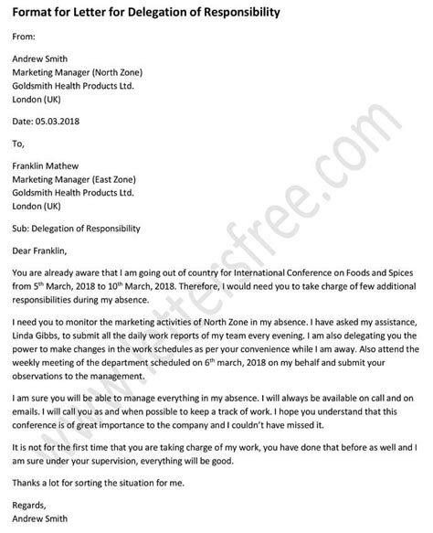 sample format  letter  delegation  responsibility  letters