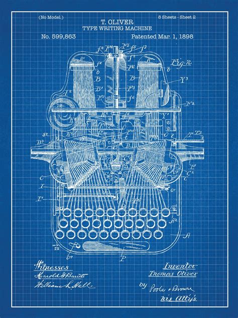 inked  screened type writing machine blueprint graphic art poster