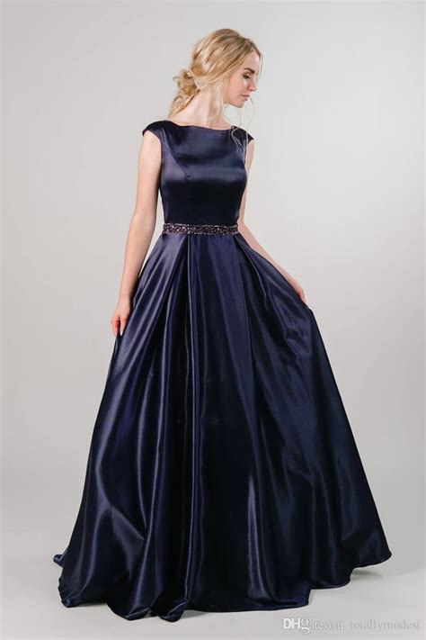 navy blue a line satin modest prom dresses with cap