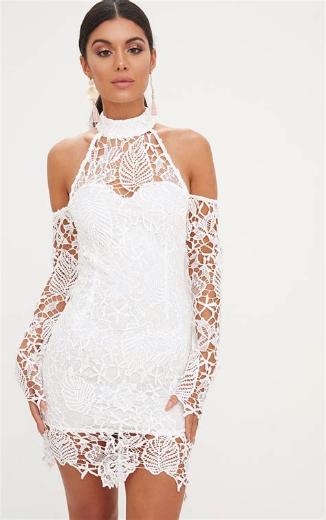 white high neck cold shoulder lace bodycon dress dresses