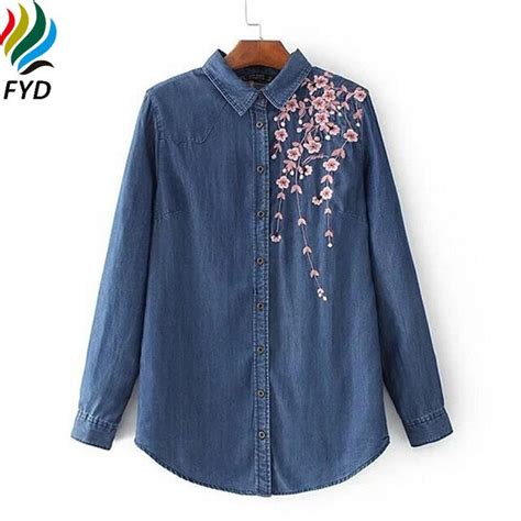 floral embroidery women denim shirt new 2017 spring long sleeve jeans