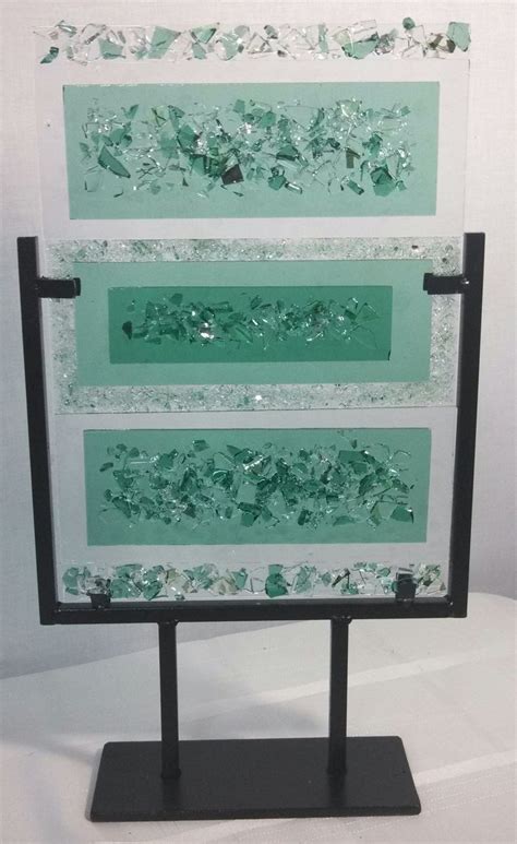 Hand Crafted Fused Glass Textured Art Piece In Metal Stand