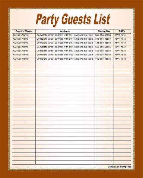 guest list template  list templates