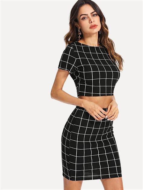 Crop Grid Top And Skirts Co Ord Shein Sheinside Skirt Co