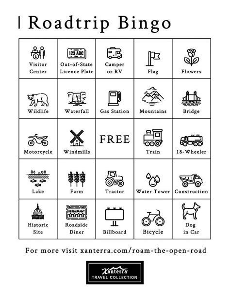 roadtrip bingo game  shown  black  white
