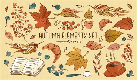 autumn elements drawing set vector