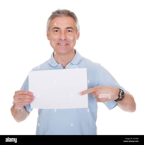 man holding blank paper  white background stock photo alamy