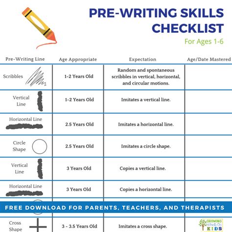 pre writing skills checklist  kids  printable