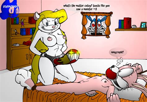 rule 34 2girls animaniacs anthro babs bunny ball gag barefoot bed bedroom black nose blue eyes