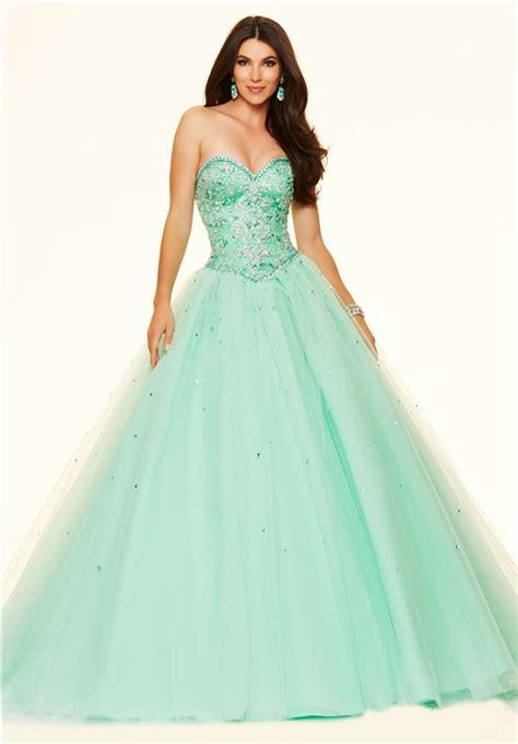 Puffy Ball Gown Strapless Mint Green Satin Tulle Beaded Prom Dress