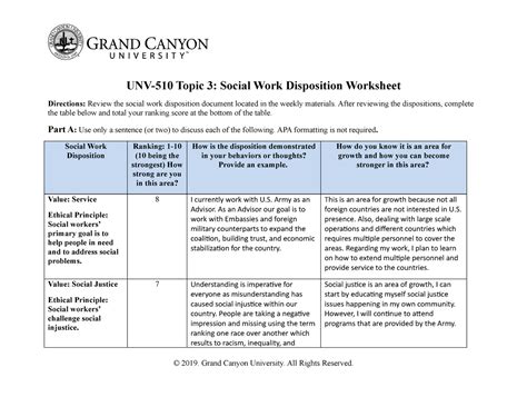 unv  social work disposition worksheet unv  topic  social