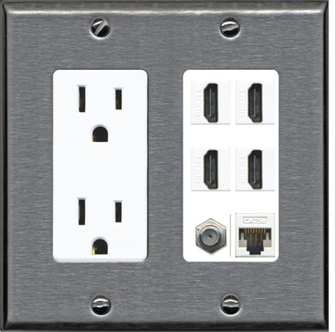 riteav  power outlet  hdmi  cate ethernet  coax cable tv wall plate stainless steel