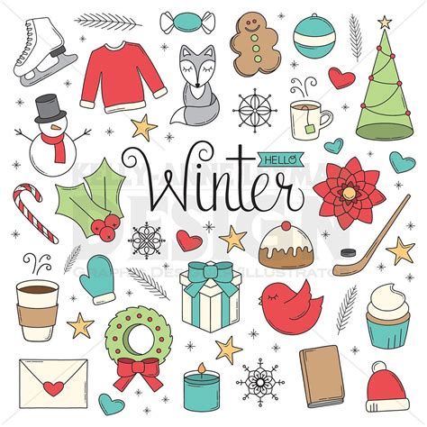 christmas winter doodle objects hand drawn clip art set etsy