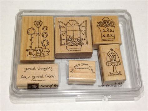 stampin  rubber stamps  wood mounted sweet   set   flower stamps