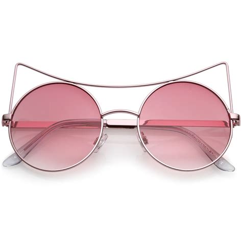women s oversize open metal gradient round flat lens cat eye sunglasses