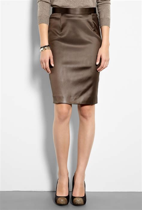 moschino cheap and chic stretch satin pencil skirt in brown lyst
